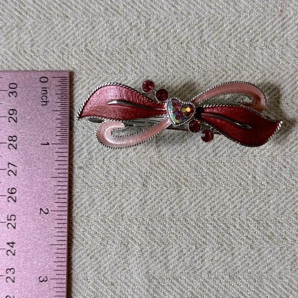 Rose Peachy Pink Enamel and Crystal Bow & Heart Hair Barrette - Picture 7 of 7
